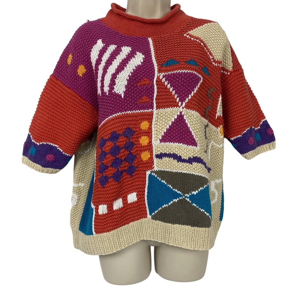 Vintage 90s Abstract Knit Sweater L Lauren Hansen Colorblock Art Teacher Chunky